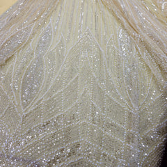 Ivory Gold Embroidered Net Fabric with Sequins and Beads