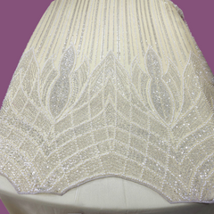 Ivory Gold Embroidered Net Fabric with Sequins and Beads