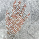 Embroidered Light Grey Color Net Fabric with Intricate Floral patterns