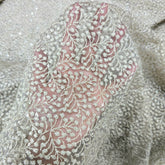 Embroidered Biege Color Net Fabric with Intricate Floral patterns
