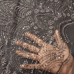 Grey Embroidered Net Fabric with Greyish Silver Beads, Sequins & Cutdana Work