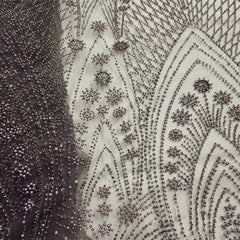 Grey Embroidered Net Fabric with Greyish Silver Beads, Sequins & Cutdana Work