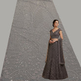 Grey Embroidered Net Fabric with Greyish Silver Beads, Sequins & Cutdana Work
