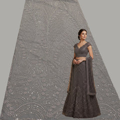 Grey Embroidered Net Fabric with Greyish Silver Beads, Sequins & Cutdana Work