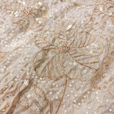 Floral Embroidered Shimmer Tissue Fabric with White Beads, Sequin & Zari Work