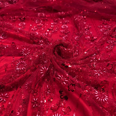 Red Embroidered on Red Net Fabric with Cutdana & Sequin Work
