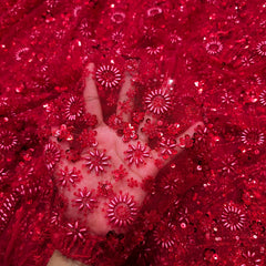 Red Embroidered on Red Net Fabric with Cutdana & Sequin Work