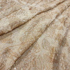 Floral Embroidered Shimmer Tissue Fabric with White Beads, Sequin & Zari Work