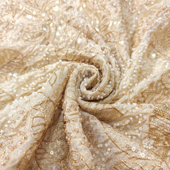 Floral Embroidered Shimmer Tissue Fabric with White Beads, Sequin & Zari Work