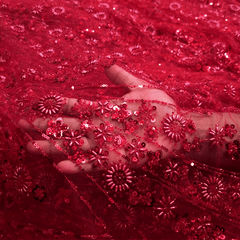 Red Embroidered on Red Net Fabric with Cutdana & Sequin Work