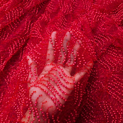 Red Embroidered on Red Net Fabric with Pearl work