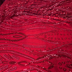 Red Embroidered on Red Net Fabric with Cutdana, Pearl & Sequin Work