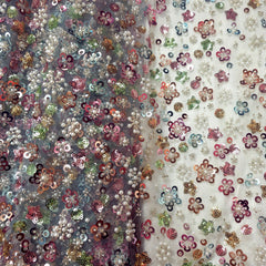 Light Sky Blue Color Embroidered Net Fabric with Cutdana, Pearl & Sequin Work