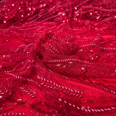 Red Embroidered on Red Net Fabric with Cutdana, Pearl & Sequin Work