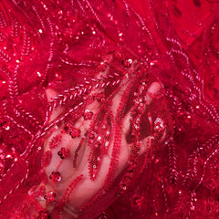 Red Embroidered on Red Net Fabric with Cutdana, Pearl & Sequin Work