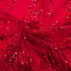 Red Embroidered on Red Net Fabric with Cutdana, Pearl & Sequin Work
