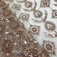 Beige Embroidered Net Fabric with Zari, Sequin & Mirror Work