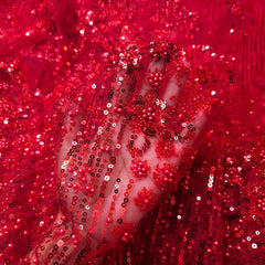 Red Embroidered on Red Net Fabric with Cutdana, Pearl & Sequin Work