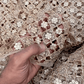 Cutwork Embroidered Fabric in Geometric Grid with Floral Sequin Highlights