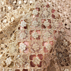 Cutwork Embroidered Fabric in Geometric Grid with Floral Sequin Highlights