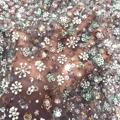 Mauve Color Embroidered Net Fabric with Cutdana, Pearl & Sequin Work