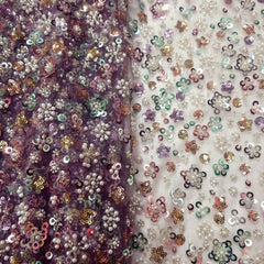 Mauve Color Embroidered Net Fabric with Cutdana, Pearl & Sequin Work