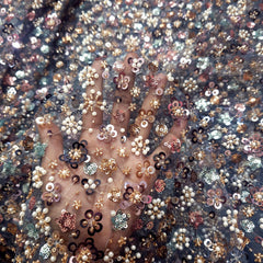 Blue Color Embroidered Net Fabric with Cutdana, Pearl & Sequin Work