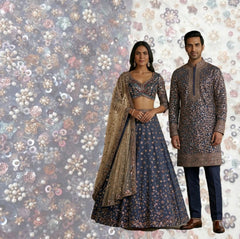 Blue Color Embroidered Net Fabric with Cutdana, Pearl & Sequin Work