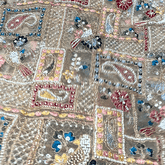 Multicolor Embroidered all over Geometric Pattern with Birds Motif & white Beads, Sequin Highlights