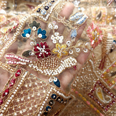 Multicolor Embroidered all over Geometric Pattern with Birds Motif & white Beads, Sequin Highlights