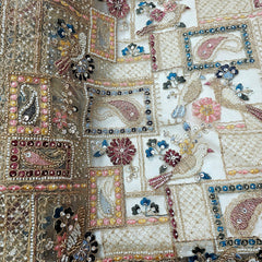 Multicolor Embroidered all over Geometric Pattern with Birds Motif & white Beads, Sequin Highlights