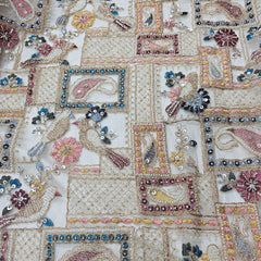 Multicolor Embroidered all over Geometric Pattern with Birds Motif & white Beads, Sequin Highlights