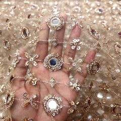 Mirror work on Beige Net Fabric with Zari & Sequin Work