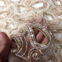 Cutwork Embroidered Fabric in Paisley Grid with Floral Sequin Highlights