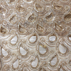 Cutwork Embroidered Fabric in Paisley Grid with Floral Sequin Highlights