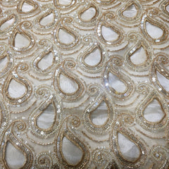 Cutwork Embroidered Fabric in Paisley Grid with Floral Sequin Highlights