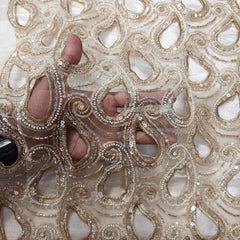 Cutwork Embroidered Fabric in Paisley Grid with Floral Sequin Highlights