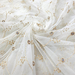 Dyeable Net Fabric with Mirror Highlights & Zari Work in Vine Pattern