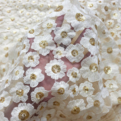 Dyeable Embroidered Net Fabric with Floral Threadwork and Gold Sequin Work