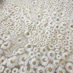 Dyeable Embroidered Net Fabric with Floral Threadwork and Gold Sequin Work