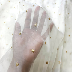Embroidered Dyeable Organza Fabric with Gold Small Sequin Butta