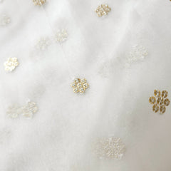 Dyeable Organza Fabric with Light Gold Floral Sequin Butta and Threadwork