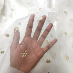Dyeable Organza Fabric with Light Gold Floral Sequin Butta and Threadwork