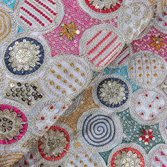 Shangaar White Georgette Embroidered Multi-Color Sequins Fabric