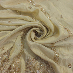 Dyeable Shimmer Tissue Fabric with Vertical Lines Sequin, Zari & Mirror Highlights with Floral Heavy work Border