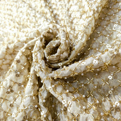 Gold Sequin Embroidered Shimmer Tissue Dyeable Fabric with Floral Motif and Zari Work