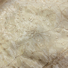 Gold Sequin Embroidered Shimmer Tissue Fabric with Floral Motif and & Border