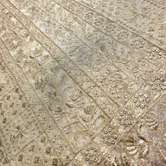 Gold Embroidered Shimmer Tissue Dyeable Fabric with Linear Floral Zari work & Border