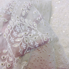 Embroidered Off - White Dyeable Georgette Fabric with Floral work & Sequin Highlights