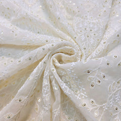Embroidered Off - White Dyeable Georgette Fabric with Floral work & Sequin Highlights